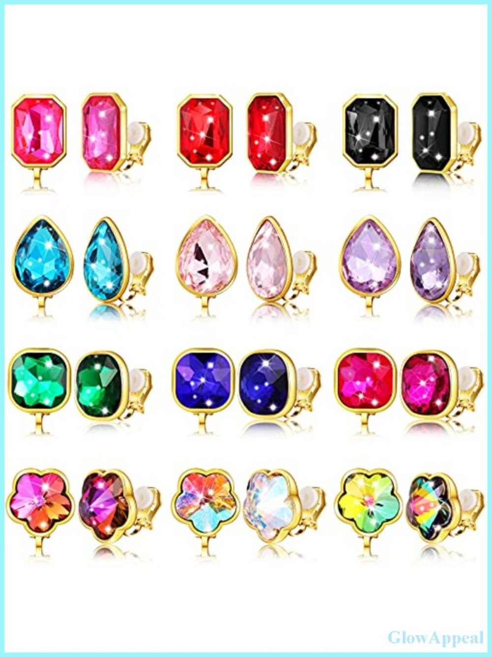 12 Pairs Clip On Earrings for Women Non Pierced Rhinestone Set Alloy Resin